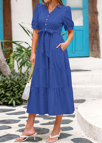 Casual Short Sleeved V-Neck Button Up Lace Up Dress