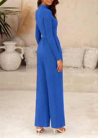 Casual Long Sleeve Mock Neck Wide Leg Jumpsuits