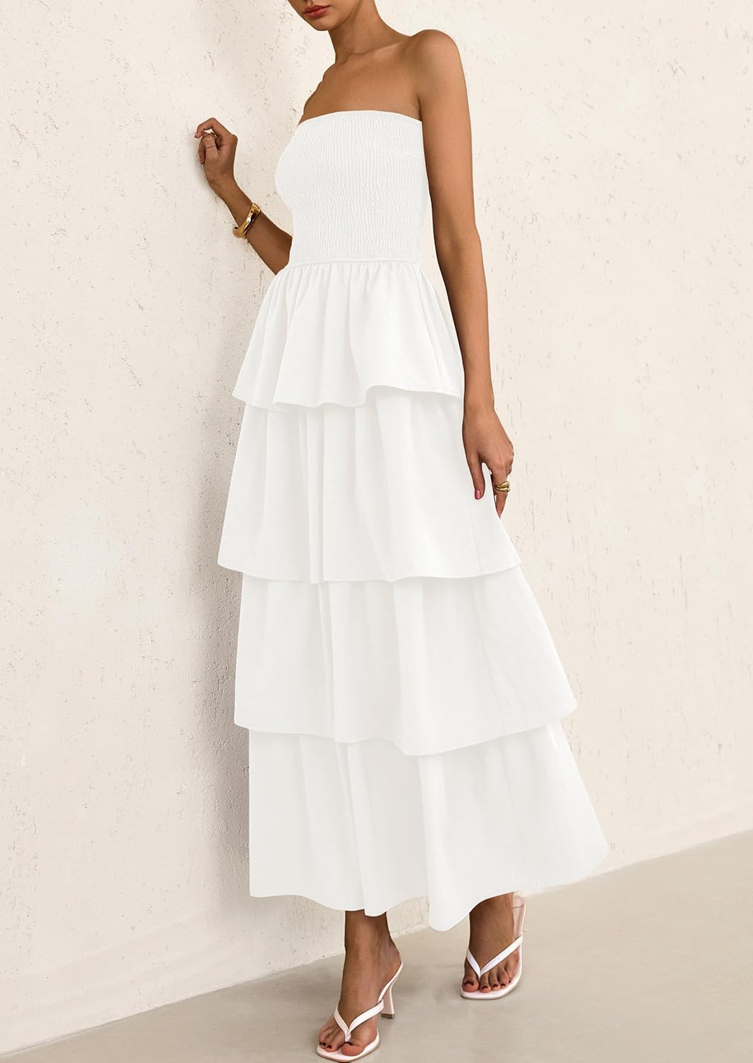 Off Shoulder Smocked Tiered Ruffle Long Flowy Casual Beach Maxi Dress