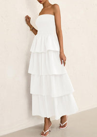 Off Shoulder Smocked Tiered Ruffle Long Flowy Casual Beach Maxi Dress