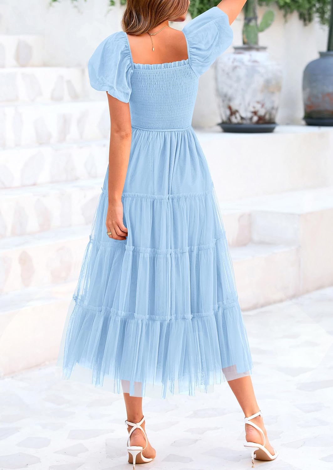Smocked Tulle Puffy Short Sleeve Square Neck Ruffle Midi Dresses