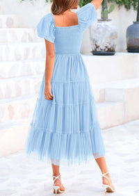 Smocked Tulle Puffy Short Sleeve Square Neck Ruffle Midi Dresses