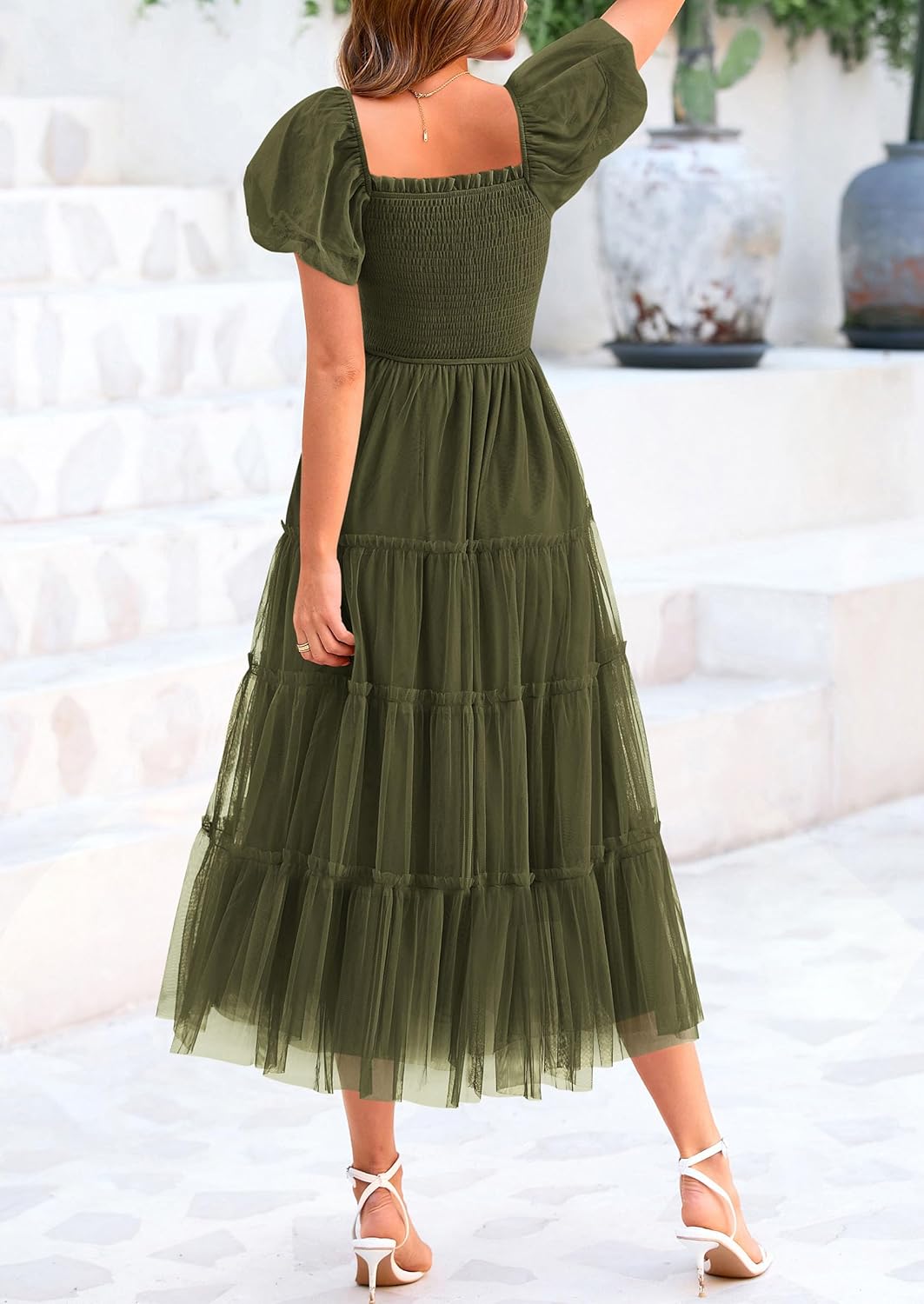 Smocked Tulle Puffy Short Sleeve Square Neck Ruffle Midi Dresses