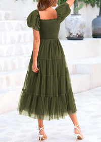 Smocked Tulle Puffy Short Sleeve Square Neck Ruffle Midi Dresses