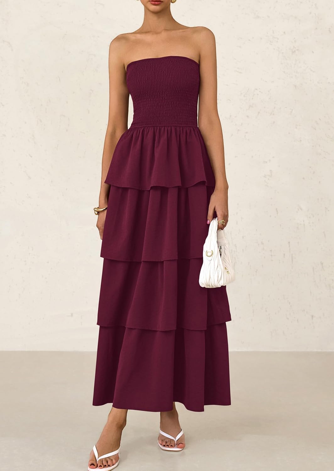 Off Shoulder Smocked Tiered Ruffle Long Flowy Casual Beach Maxi Dress