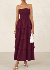 Off Shoulder Smocked Tiered Ruffle Long Flowy Casual Beach Maxi Dress