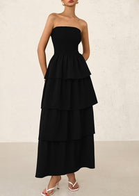 Off Shoulder Smocked Tiered Ruffle Long Flowy Casual Beach Maxi Dress