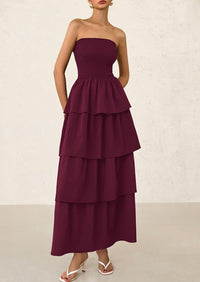 Off Shoulder Smocked Tiered Ruffle Long Flowy Casual Beach Maxi Dress