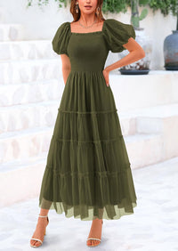 Smocked Tulle Puffy Short Sleeve Square Neck Ruffle Midi Dresses