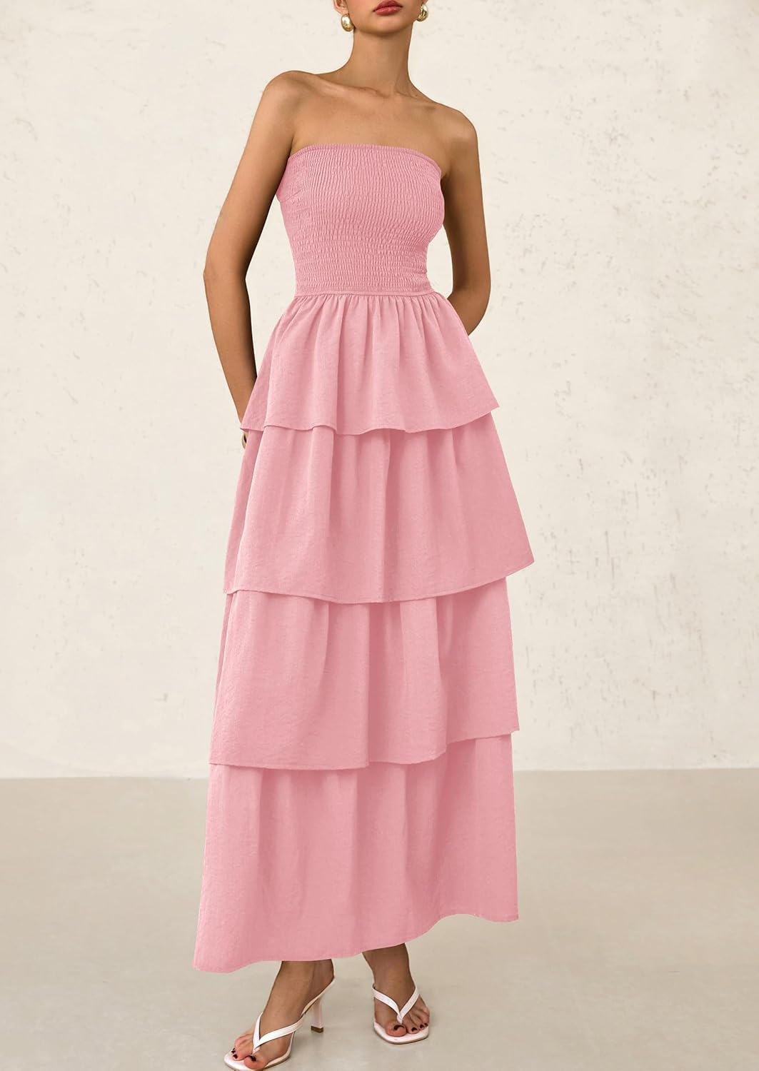 Off Shoulder Smocked Tiered Ruffle Long Flowy Casual Beach Maxi Dress