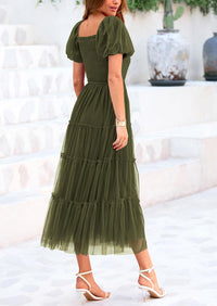 Smocked Tulle Puffy Short Sleeve Square Neck Ruffle Midi Dresses