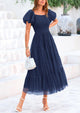 Smocked Tulle Puffy Short Sleeve Square Neck Ruffle Midi Dresses