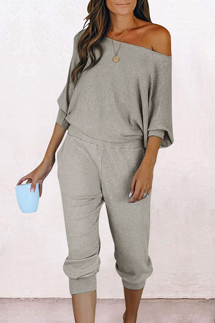 Ribbed Off Shoulder Long Sleeve Pullover Lounge Pants with Pockets Two Piece Sets
