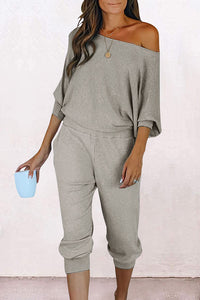 Ribbed Off Shoulder Long Sleeve Pullover Lounge Pants with Pockets Two Piece Sets