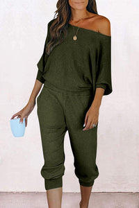 Ribbed Off Shoulder Long Sleeve Pullover Lounge Pants with Pockets Two Piece Sets