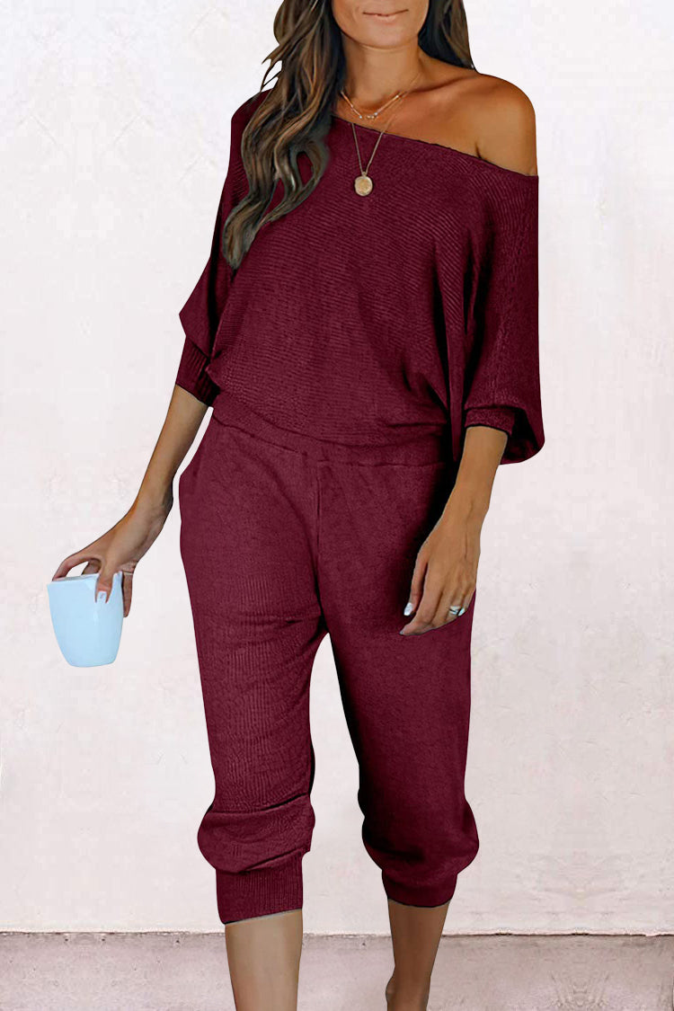 Ribbed Off Shoulder Long Sleeve Pullover Lounge Pants with Pockets Two Piece Sets