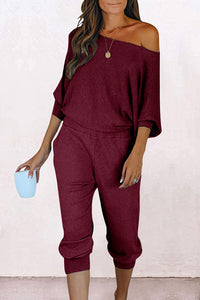 Ribbed Off Shoulder Long Sleeve Pullover Lounge Pants with Pockets Two Piece Sets