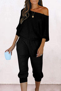 Ribbed Off Shoulder Long Sleeve Pullover Lounge Pants with Pockets Two Piece Sets