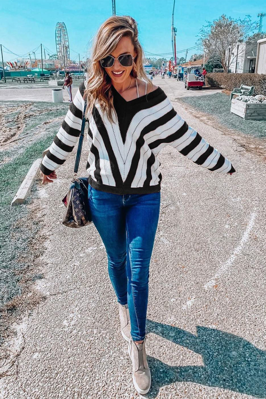 V Neck Stripe Color Block Loose Oversized Pullover Sweaters
