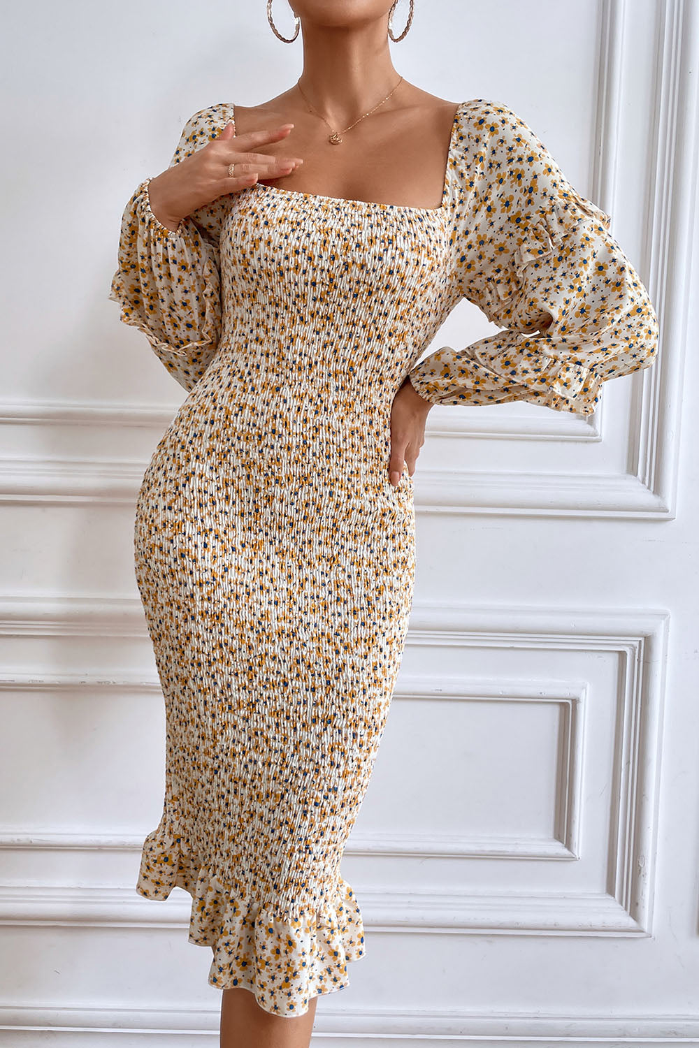 Ruffle Mermaid Square Neck Smocked Dress
