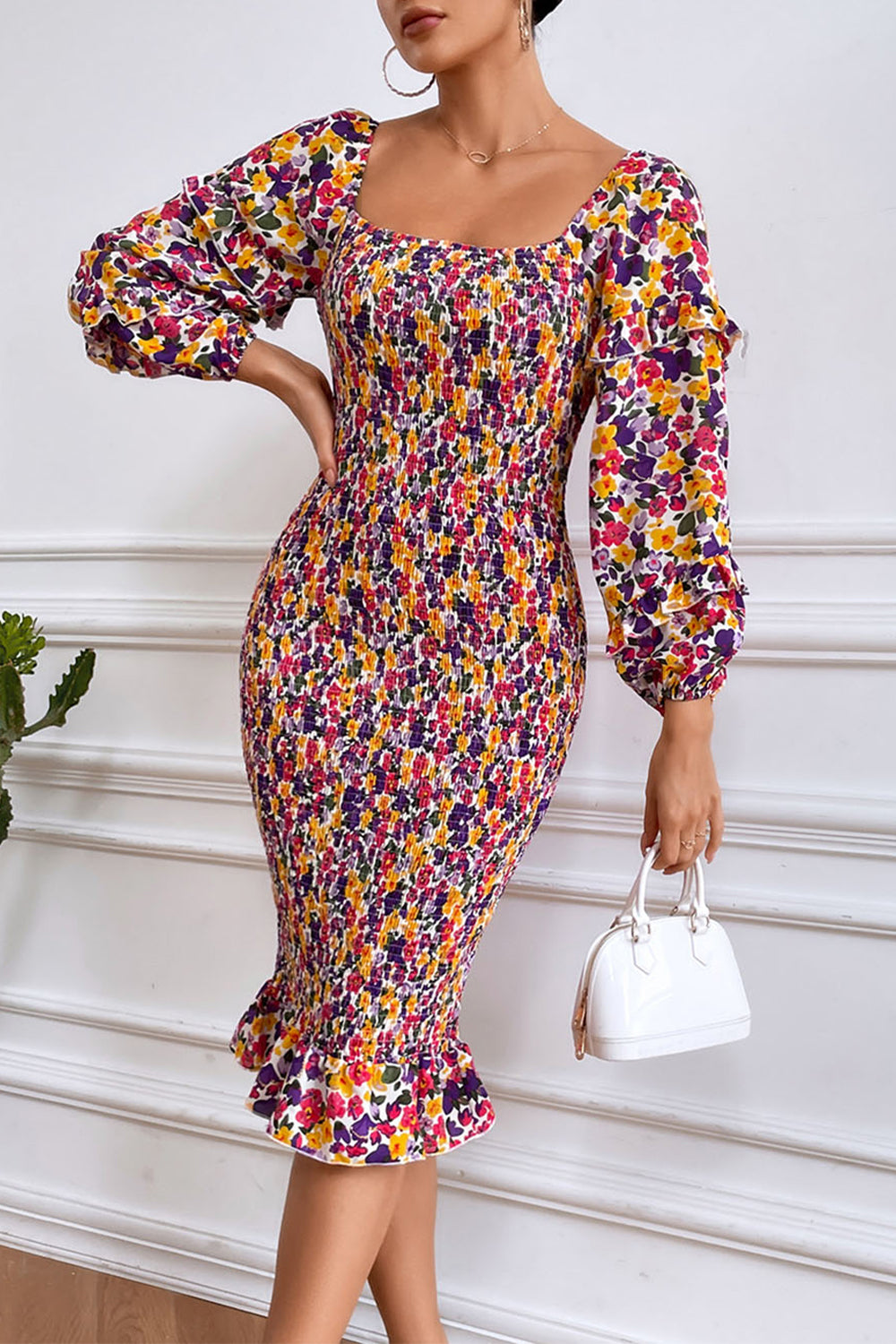 Ruffle Mermaid Square Neck Smocked Dress