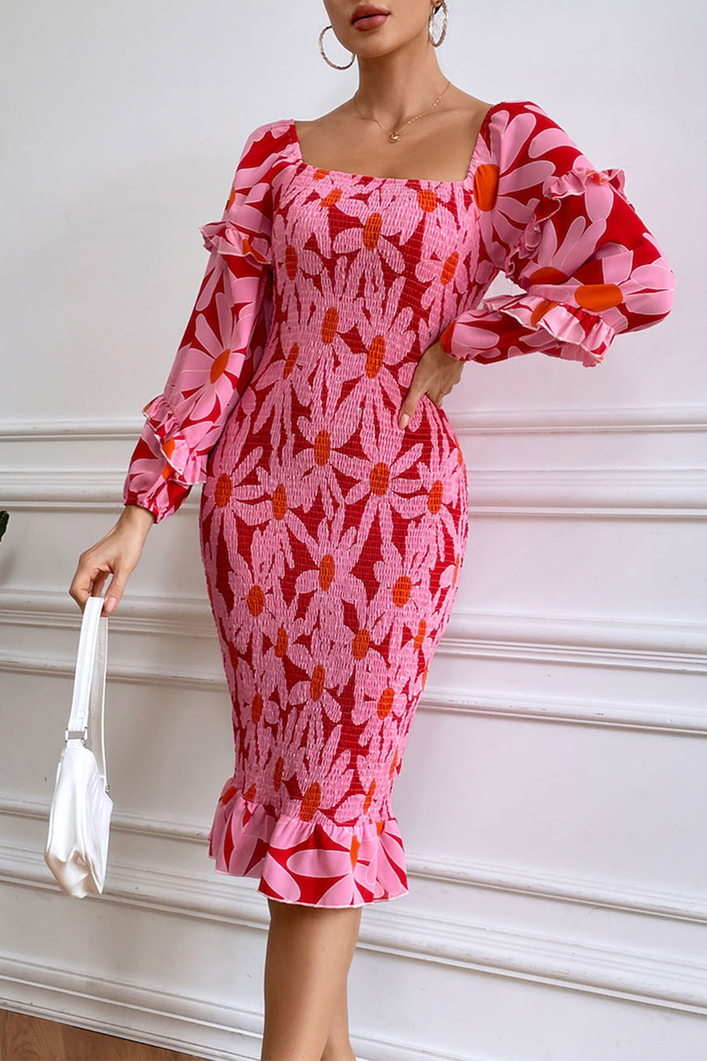Ruffle Mermaid Square Neck Smocked Dress