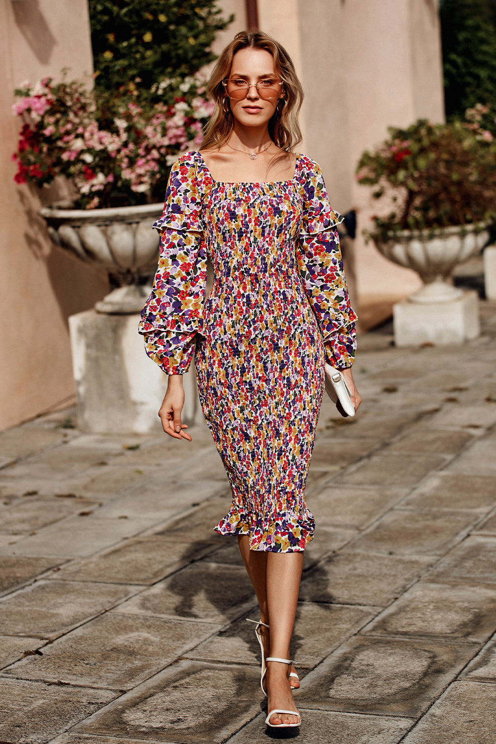 Ruffle Mermaid Square Neck Smocked Dress