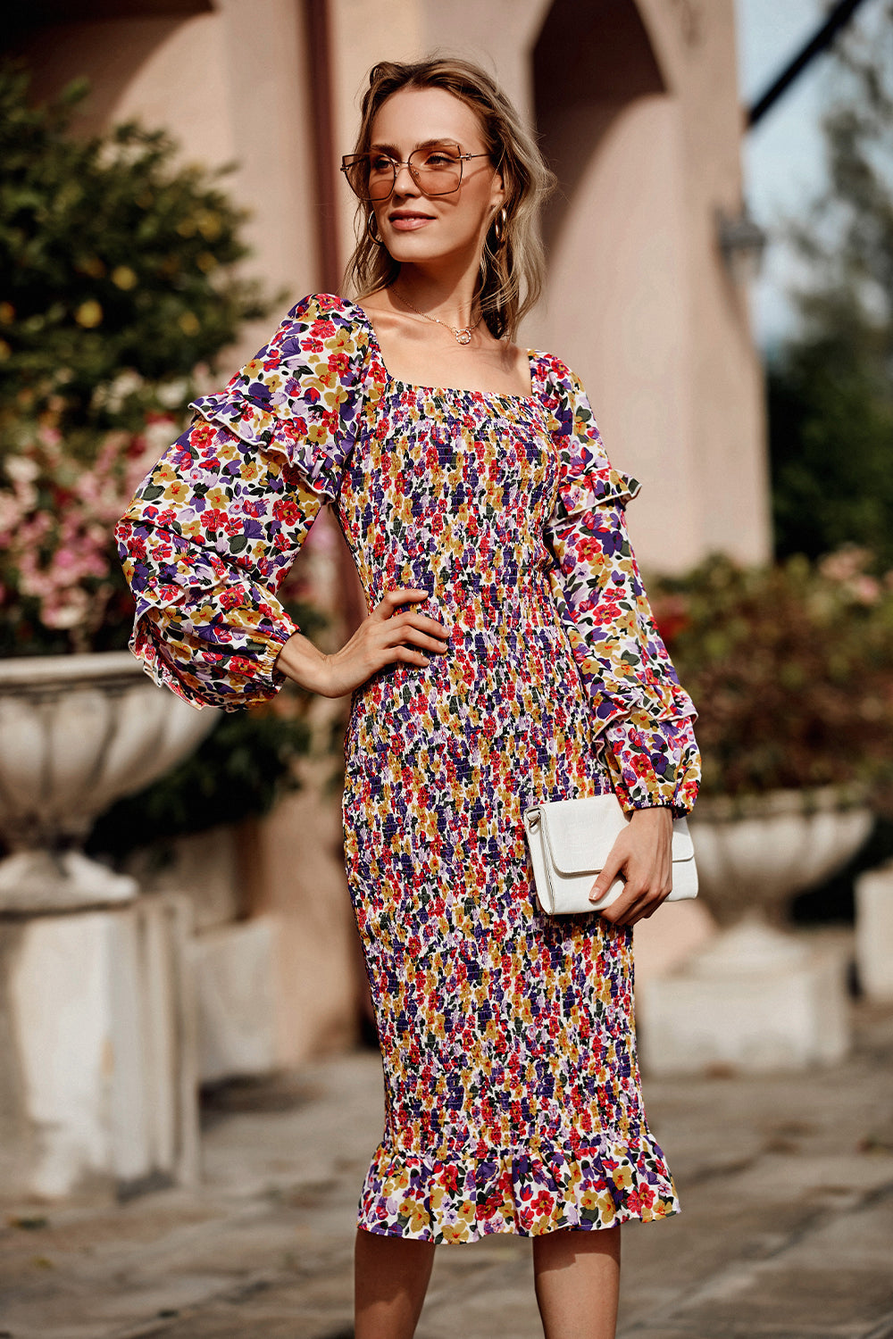 Ruffle Mermaid Square Neck Smocked Dress