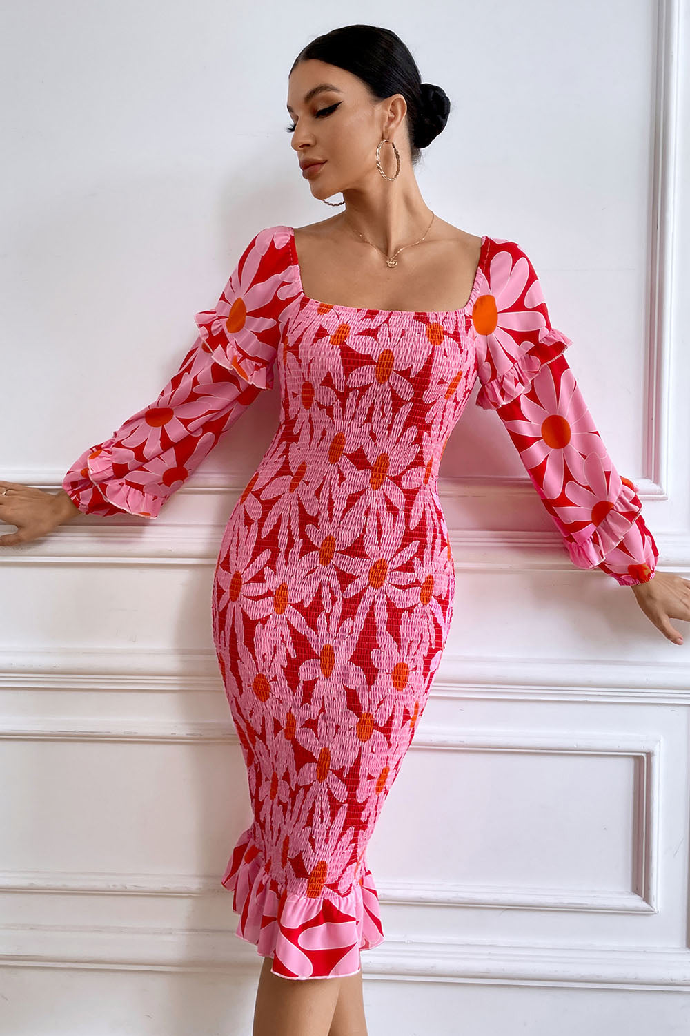 Ruffle Mermaid Square Neck Smocked Dress
