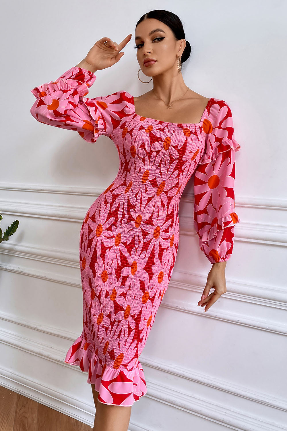 Ruffle Mermaid Square Neck Smocked Dress