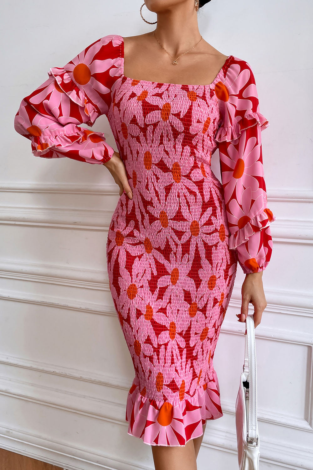 Ruffle Mermaid Square Neck Smocked Dress