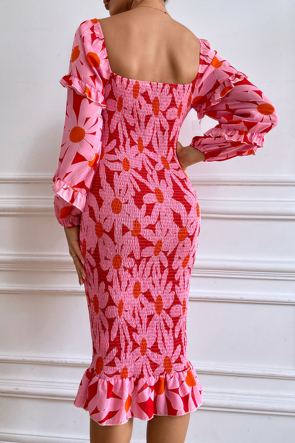 Ruffle Mermaid Square Neck Smocked Dress