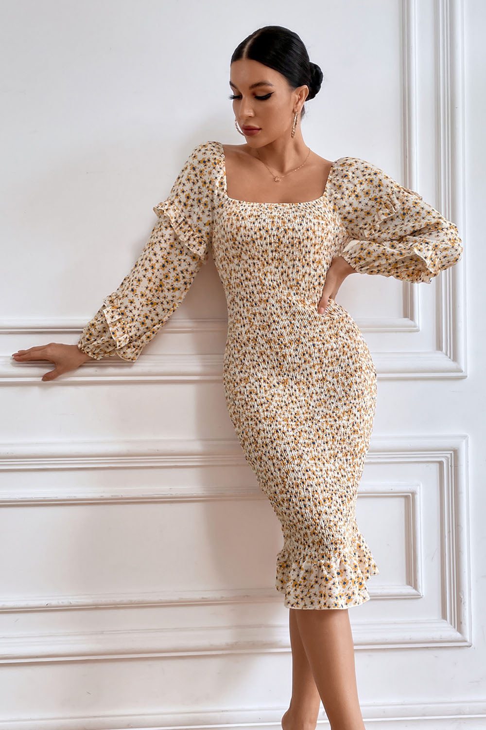 Ruffle Mermaid Square Neck Smocked Dress