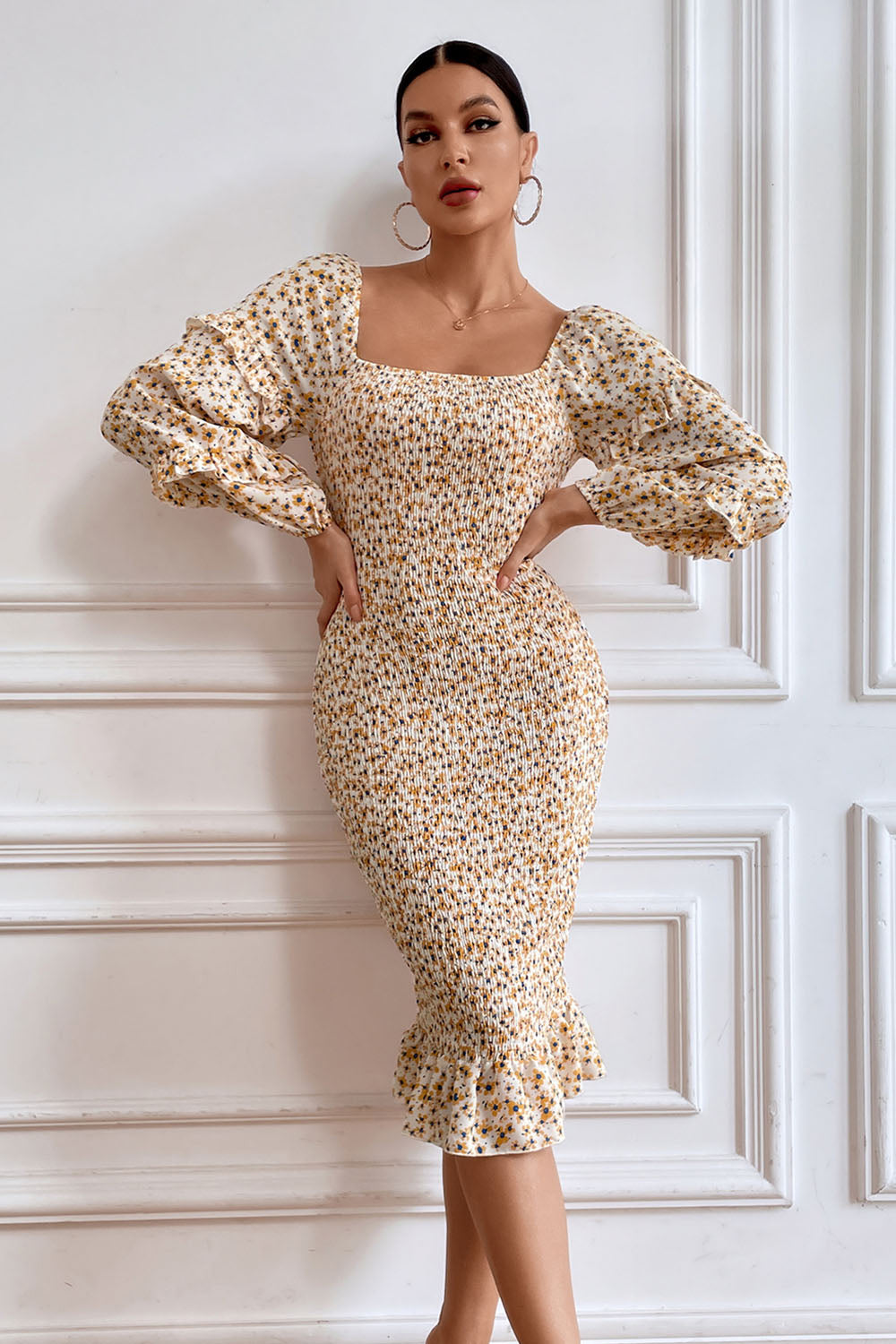 Ruffle Mermaid Square Neck Smocked Dress
