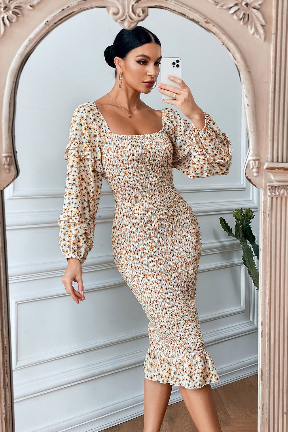 Ruffle Mermaid Square Neck Smocked Dress