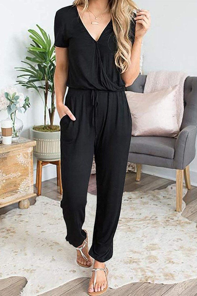 Women Solid Color Rompers Deep V-Neck Sleeveless Summer Short Jumpsuits