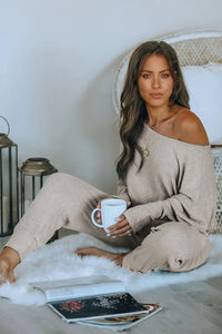 Off Shoulder Long Sleeve Pullover Long Pants with Pockets PRETTYGARDEN