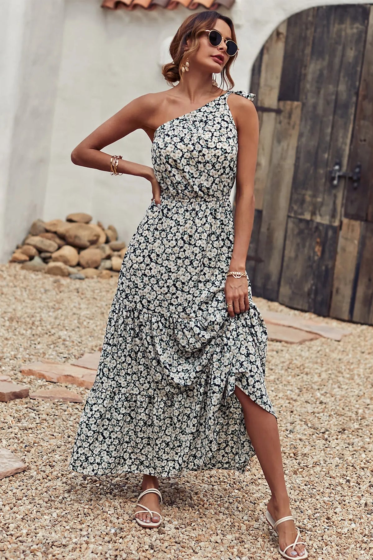 One Shoulder Ruffle Tie Floral Print Summer Maxi Dress PRETTYGARDEN