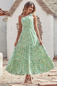 One Shoulder Ruffle Tie Floral Print Summer Maxi Dress PRETTYGARDEN