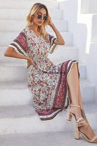 PRETTYGARDEN Women's Casual Floral Print V Neck Short Sleeve Summer Boho Beach Dress High Waist Long Maxi Dresses PRETTYGARDEN