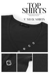 Women Short Sleeve V Neck Button Ribbed Knit T-shirt PRETTYGARDEN