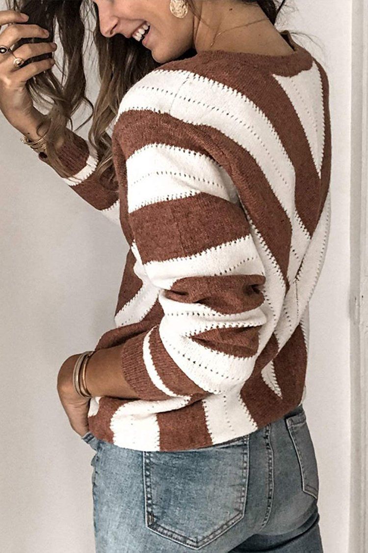 Womens V Neck Sweater Color Block Loose Long Sleeve Pullover Sweater PRETTYGARDEN