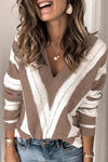 Womens V Neck Sweater Color Block Loose Long Sleeve Pullover Sweater PRETTYGARDEN
